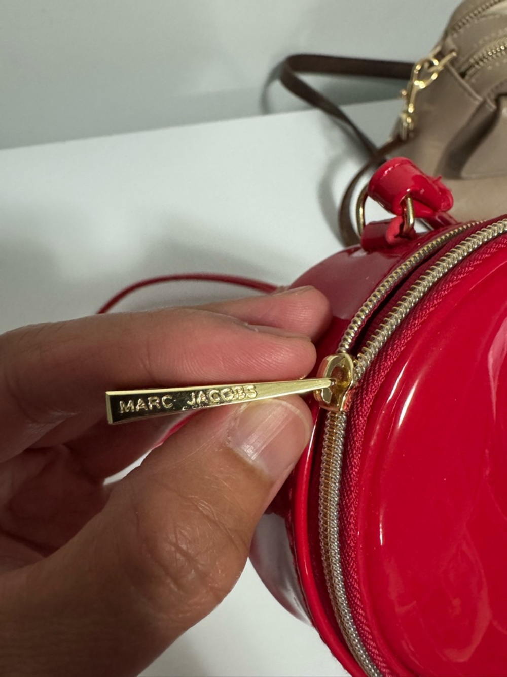 Marc Jacobs Red Patent Round Crossbody with Gold Hardware